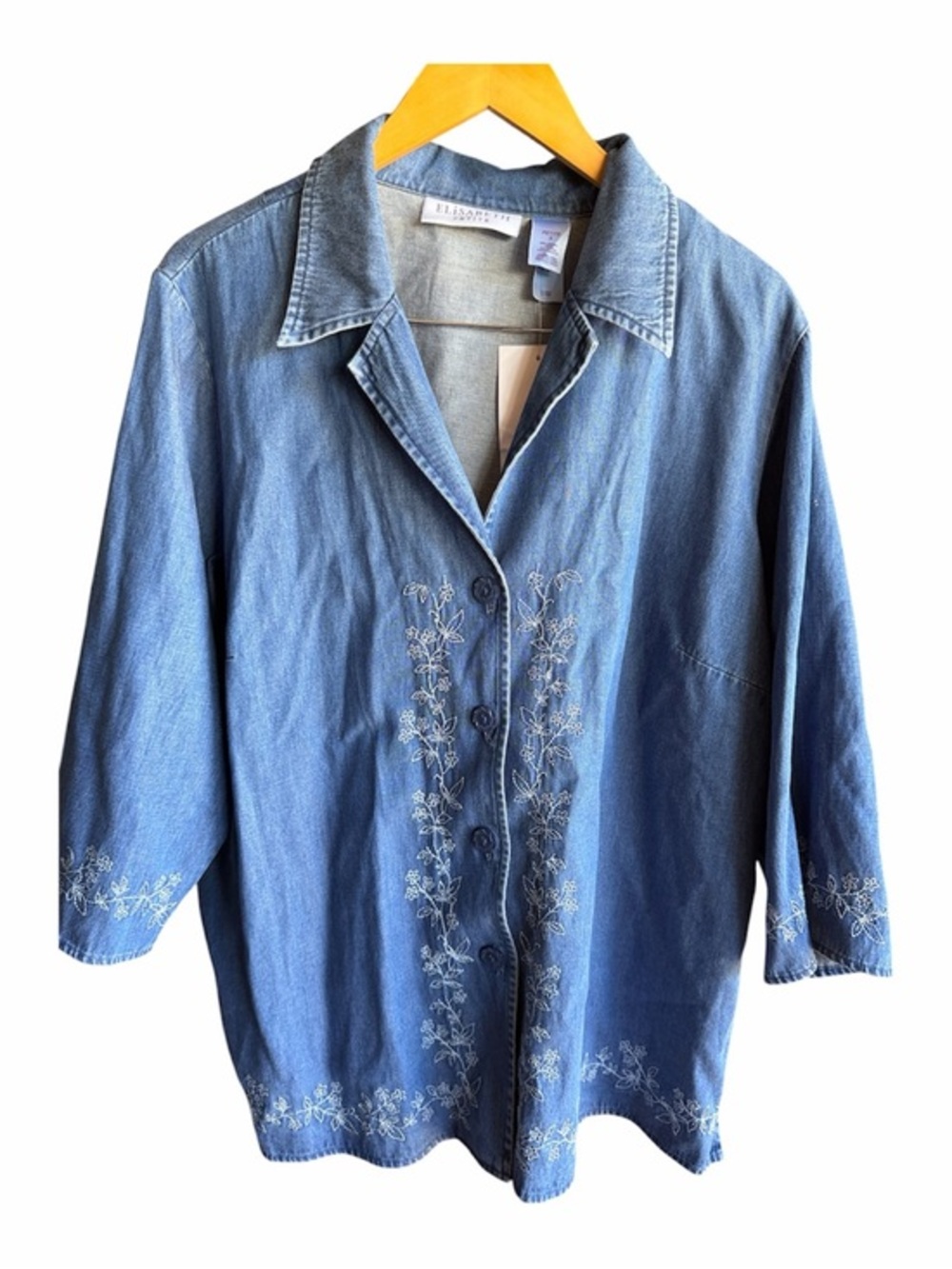 Elisabeth by Liz Claiborne Blue Embroidered Denim Button-Up Top 3/4 Sleeve::NWT: